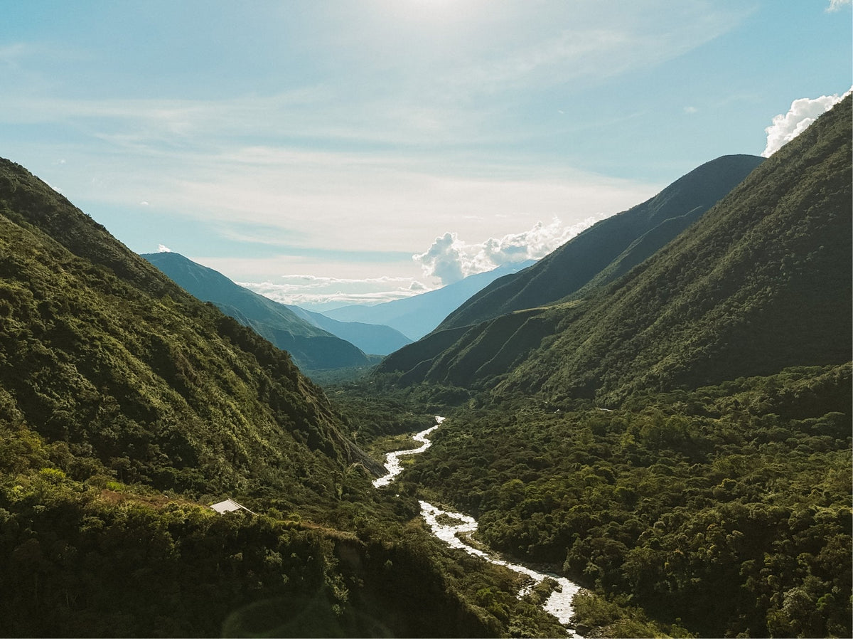 Andean valley with a river and snow-capped peaks