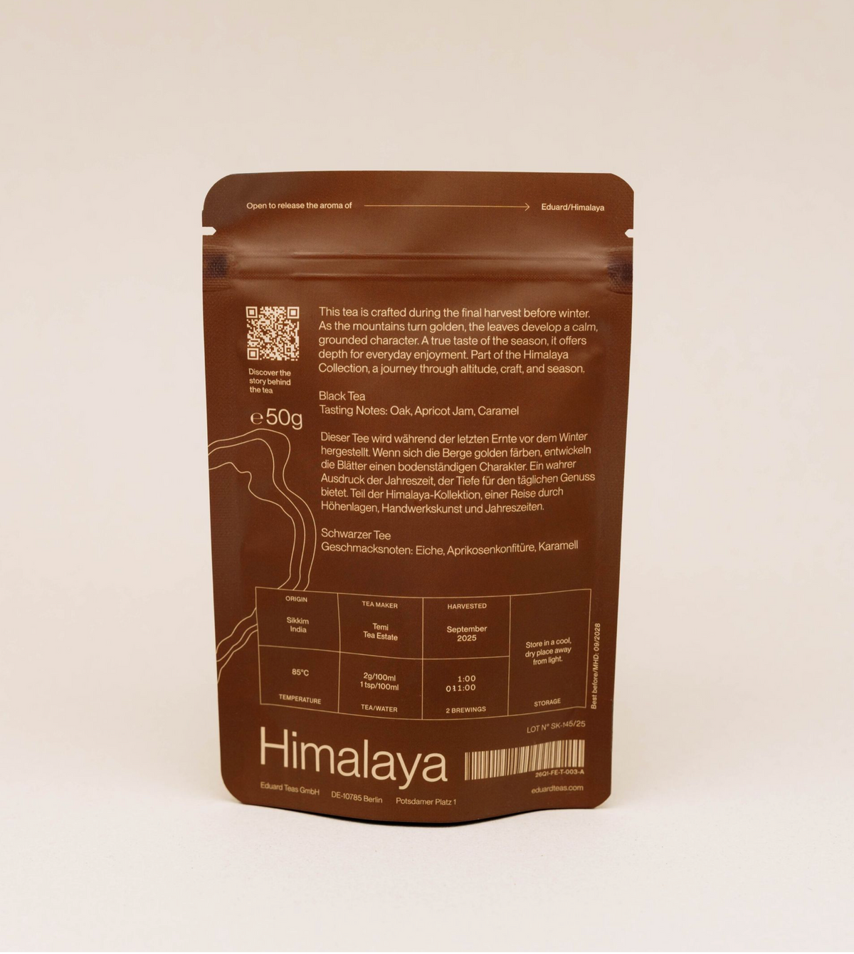 Back of the Autumn Flush pouch with origin, brewing guide and QR code