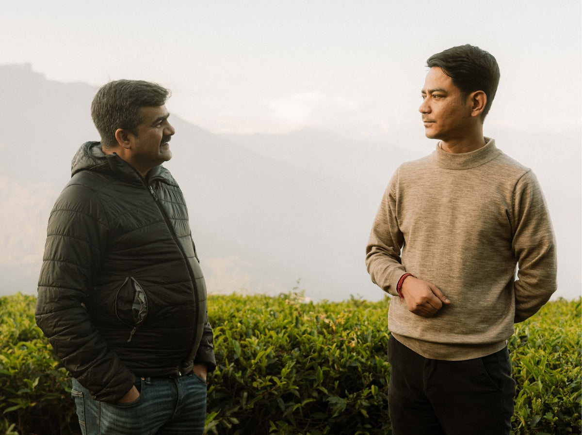 Two tea makers talking in a tea garden