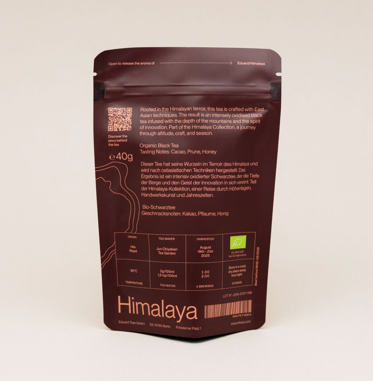 Back of the Himalaya Imperial Black pouch with origin, brewing guide and QR code