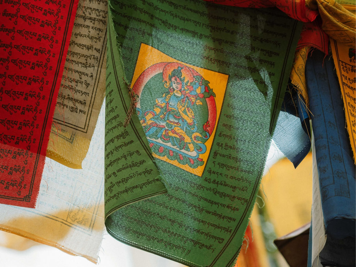 Close-up of colourful Tibetan prayer flags