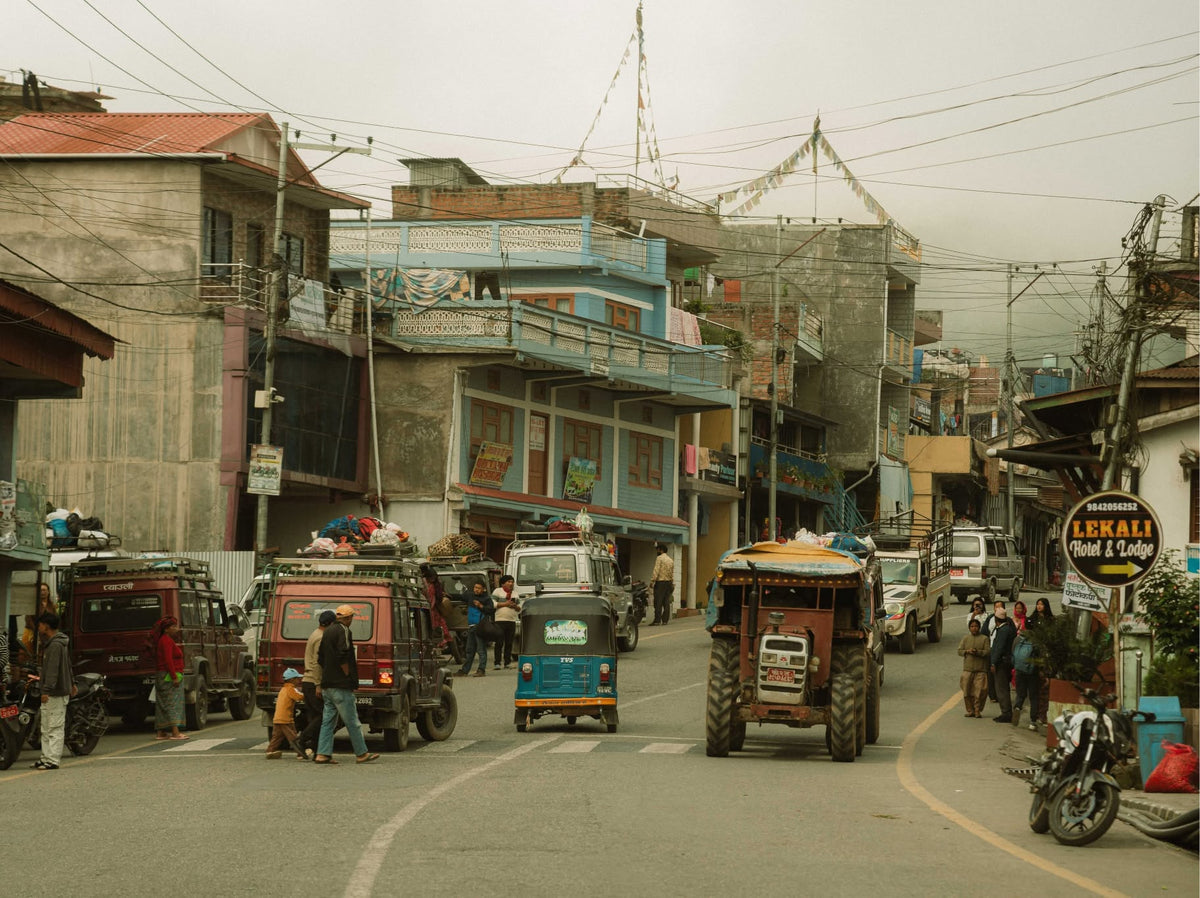 Busy street in a mountain town in the Himalayas