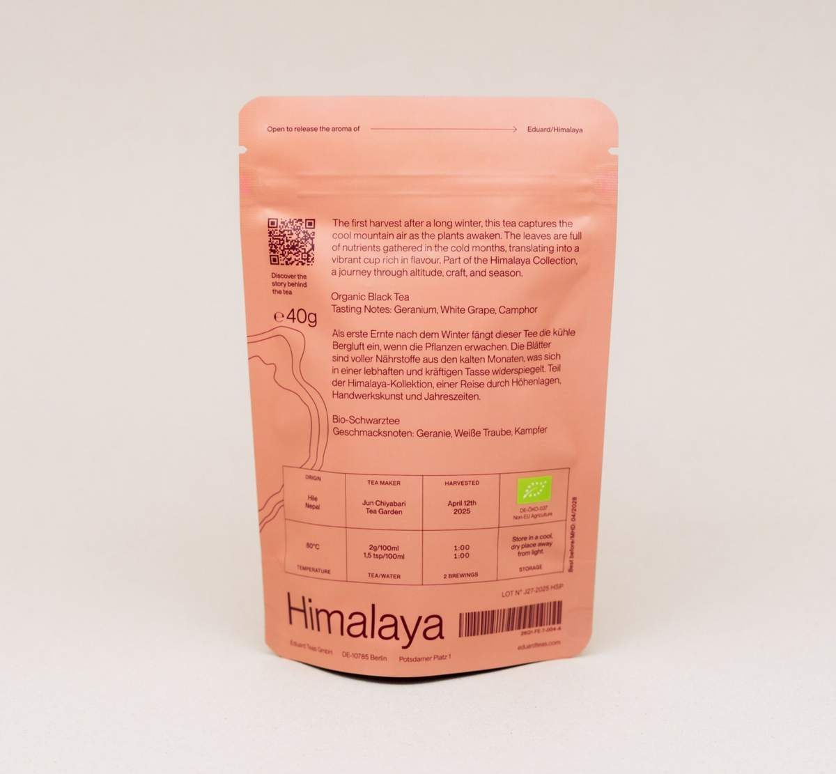 Back of the Himalaya Spring pouch with origin, brewing guide and QR code