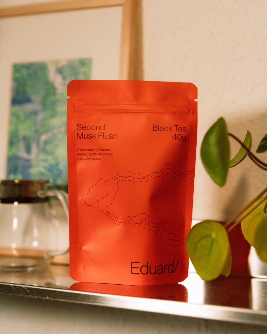 Pouch of Second Musk Flush on a table next to a plant